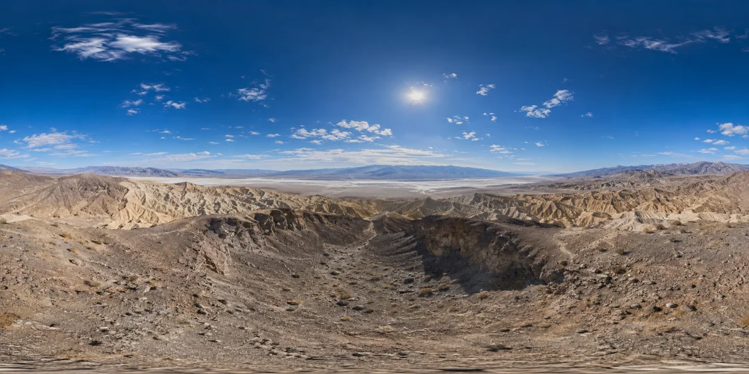 360° panoramic view of Badwater Basin and Zabriskie Point in Death Valley with sunny clear skies