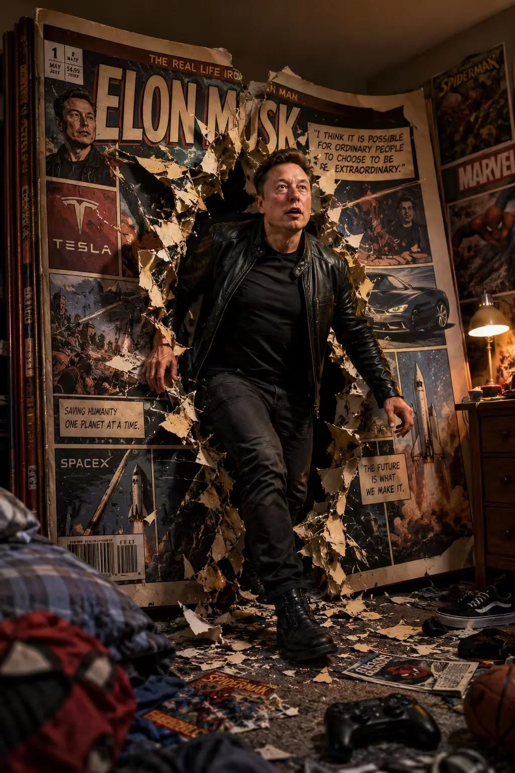 Elon Musk Steps Out of a Comic Book — Surreal Cinematic Dimension-Breaking Prompt