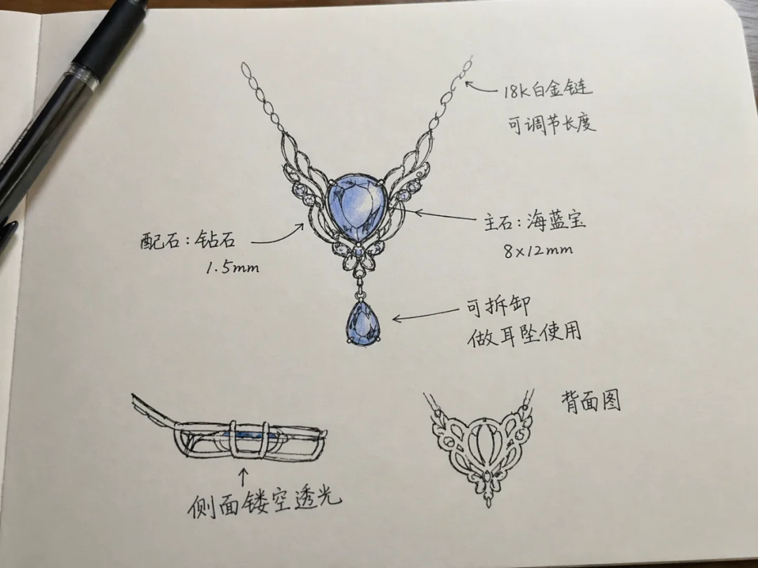 Phone photo of a hand-drawn jewelry design sketch