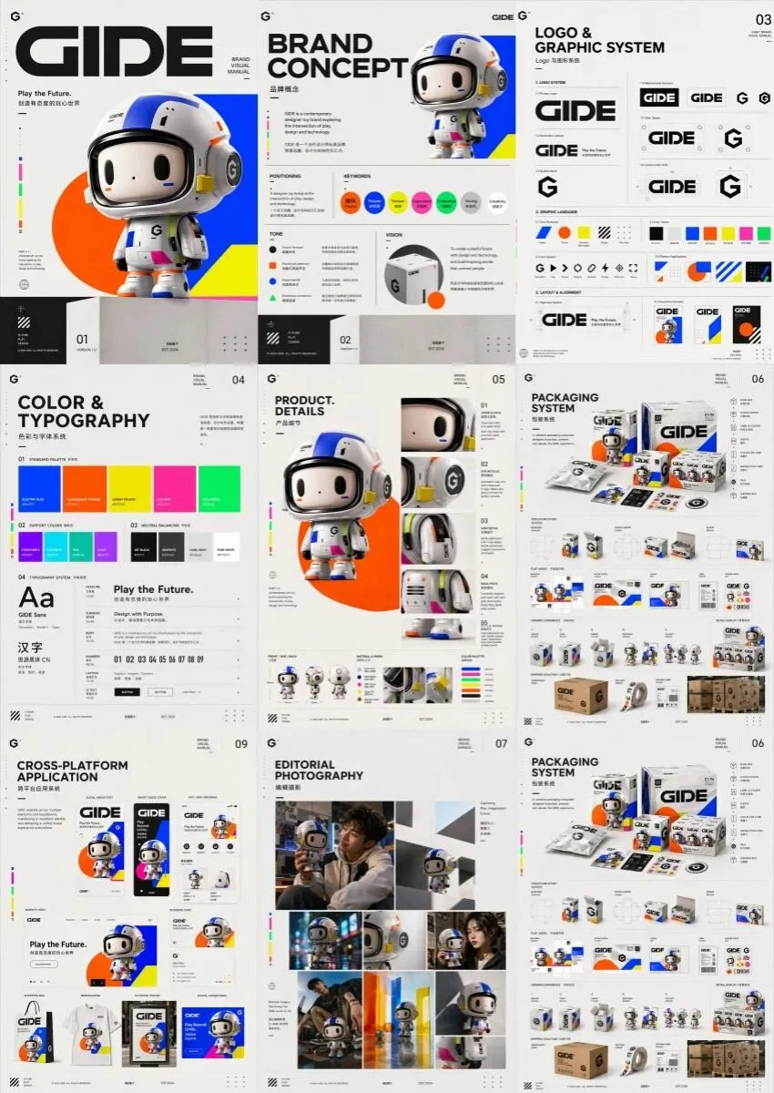 Complete brand visual manual for GIDE designer toy brand